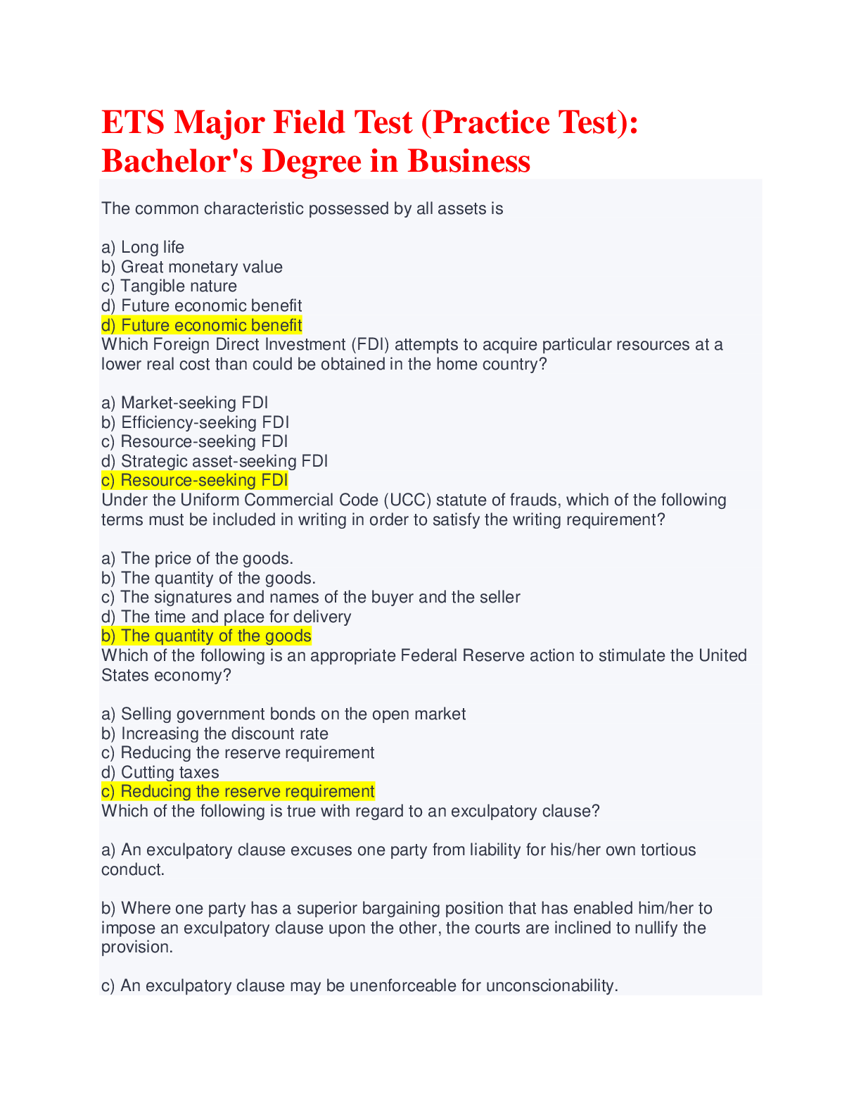 Preview image for ETS Major Field Test : Bachelor's Degree in Business Questions with Multiple Choices and Verified Answers Score A+